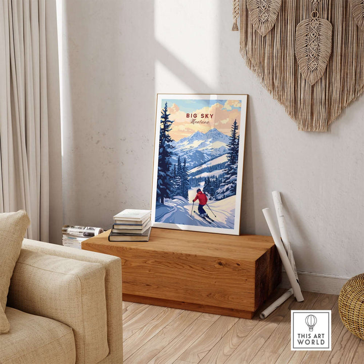 Big Sky Montana ski print poster displayed in a cozy living room with natural decor and warm lighting.