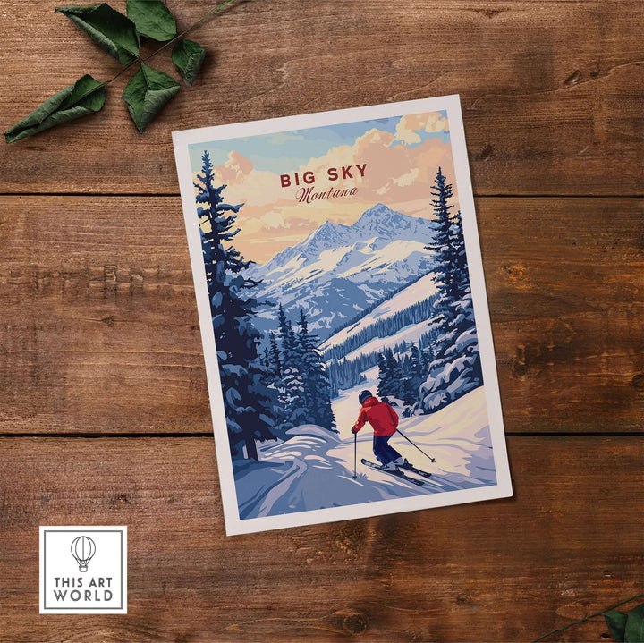 Big Sky Montana ski print poster showcasing a skier amidst majestic mountains and snow-covered scenery.