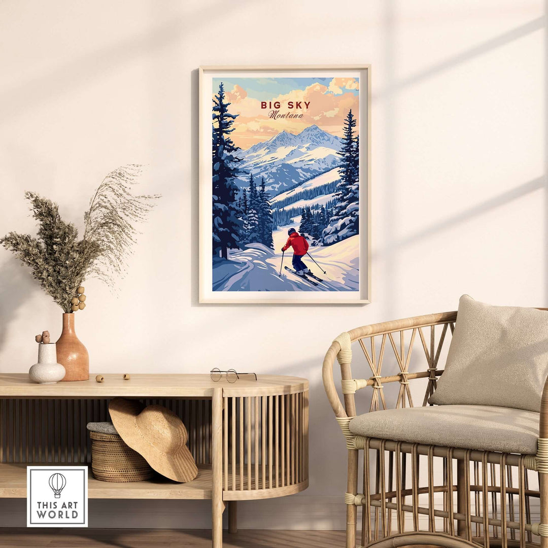 Big Sky Montana ski print poster displayed in a cozy living room setting with a stylish chair and decorative elements.