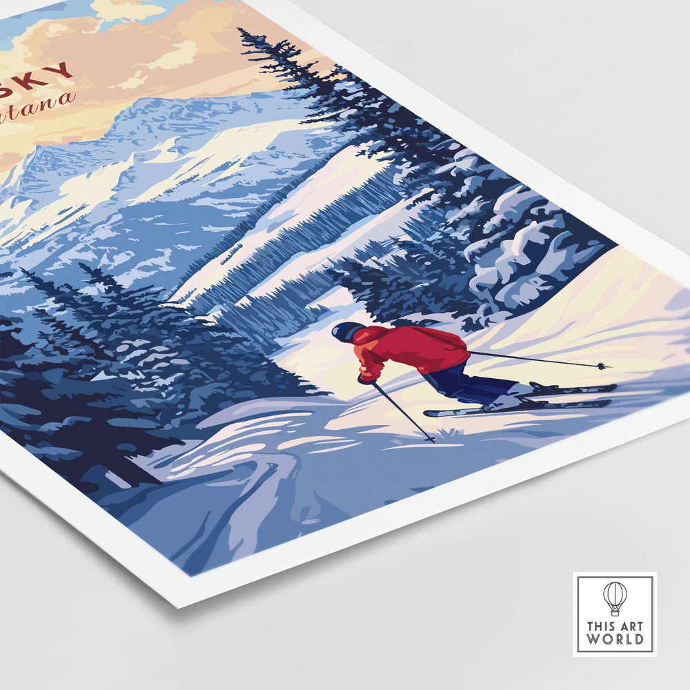 Big Sky Montana ski print poster featuring a skier on a snowy slope with majestic mountains in the background.