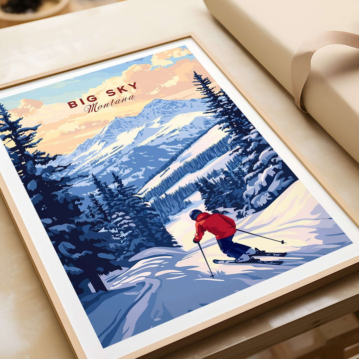 Big Sky Montana ski print poster featuring a skier in a snowy mountain landscape with vibrant colors and stunning scenery.