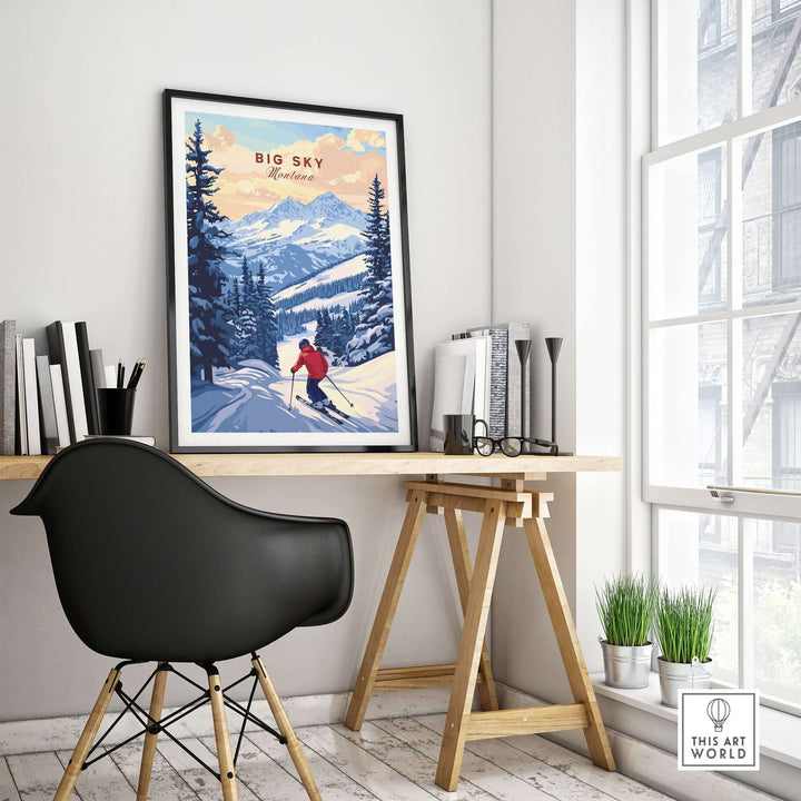 Big Sky Montana ski print poster displayed in a modern home office setting, showcasing stunning mountain scenery.