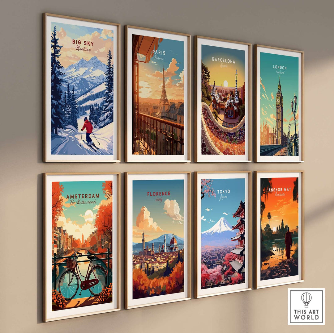 Collection of travel posters featuring Big Sky, Paris, Barcelona, London, Amsterdam, Florence, Tokyo, and Angkor Wat.