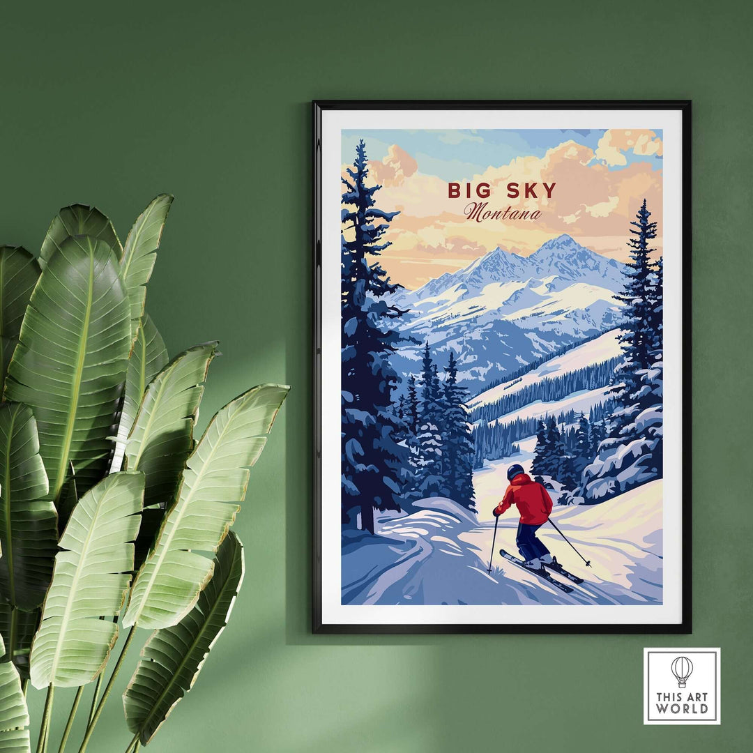 Big Sky Montana ski print poster showcasing a skier in a stunning mountain landscape with greenery in the foreground.