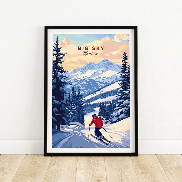 Big Sky Montana ski print poster showcasing a skier in majestic mountains and snowy landscape.