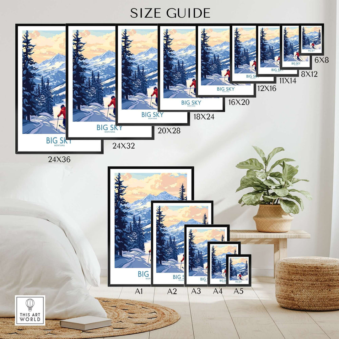 Size guide for Big Sky Montana print ski resort artwork in various frame dimensions and styles.