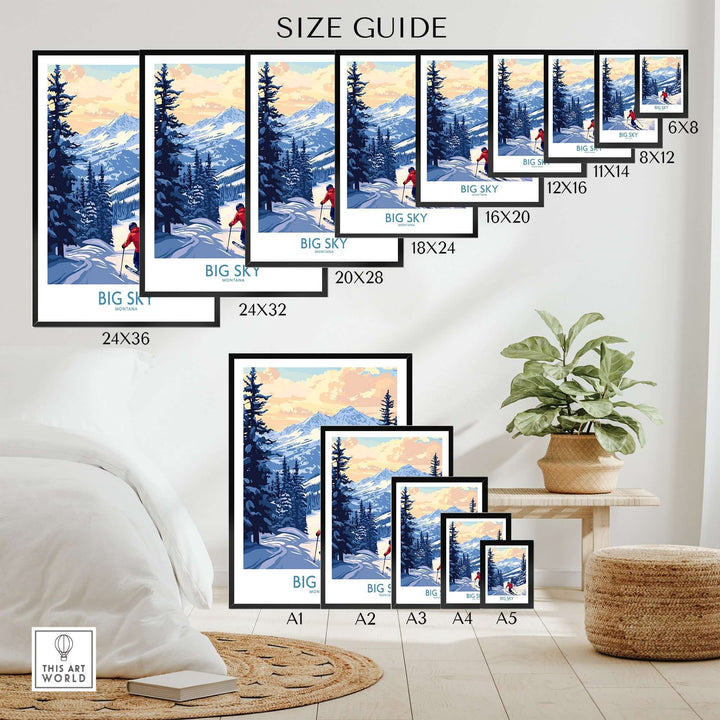 Size guide for Big Sky Montana print ski resort artwork in various frame dimensions and styles.