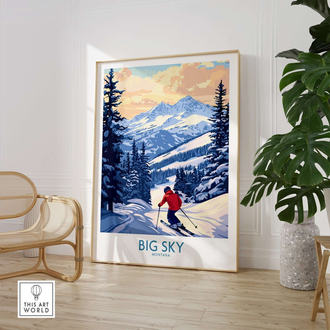 Big Sky Montana print depicting a skier in snowy mountains with vibrant sunset colors and pine trees. Perfect for ski enthusiasts.