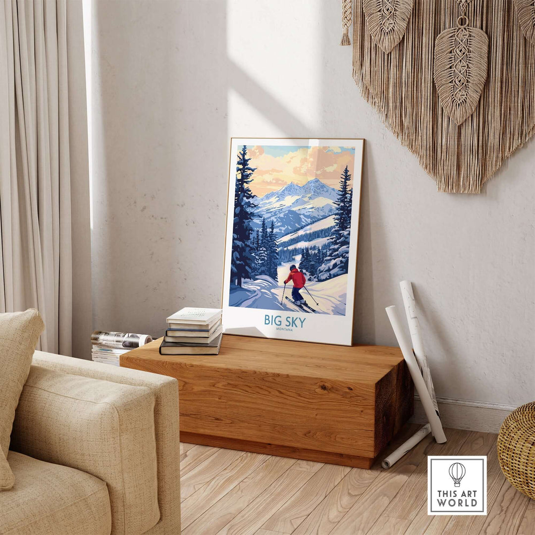 Big Sky Montana Print featuring a skier against a scenic mountain backdrop in a cozy indoor setting.