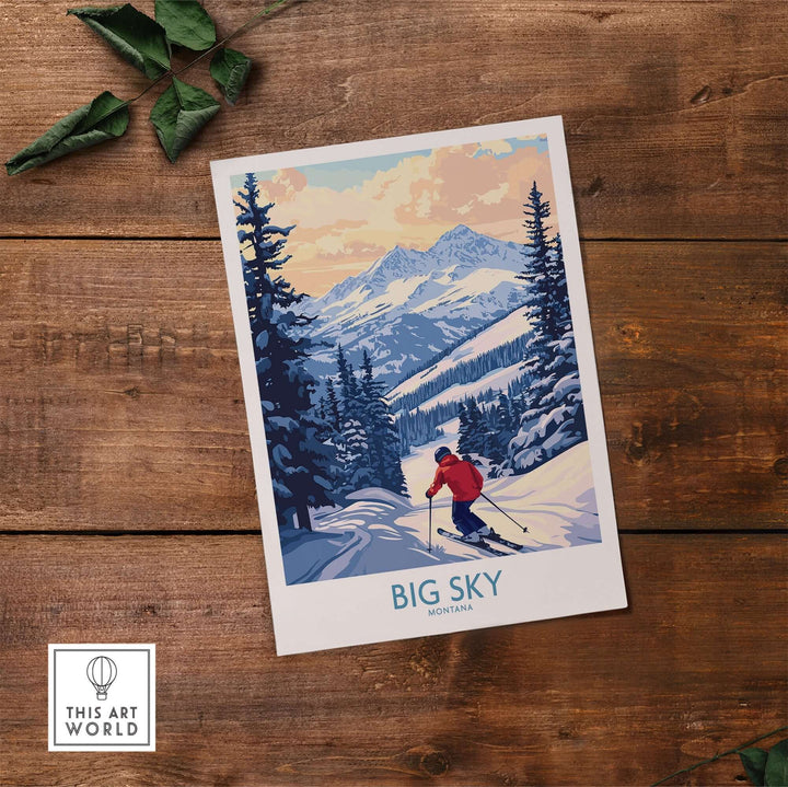 Big Sky Montana print showcasing a skier navigating snowy slopes in the Rocky Mountains, capturing winter adventure.