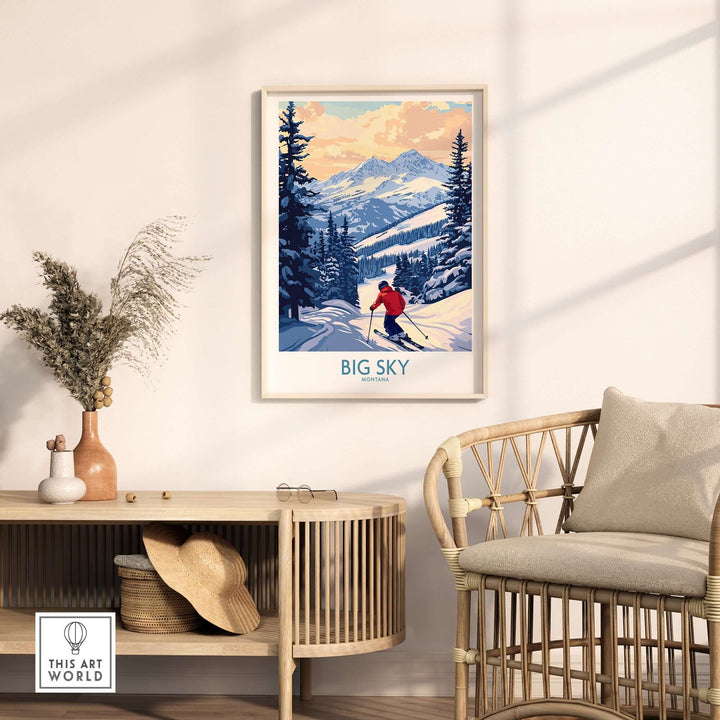 Big Sky Montana ski resort print featuring a skier in snow-covered mountains, framed and displayed in a cozy living room setting.