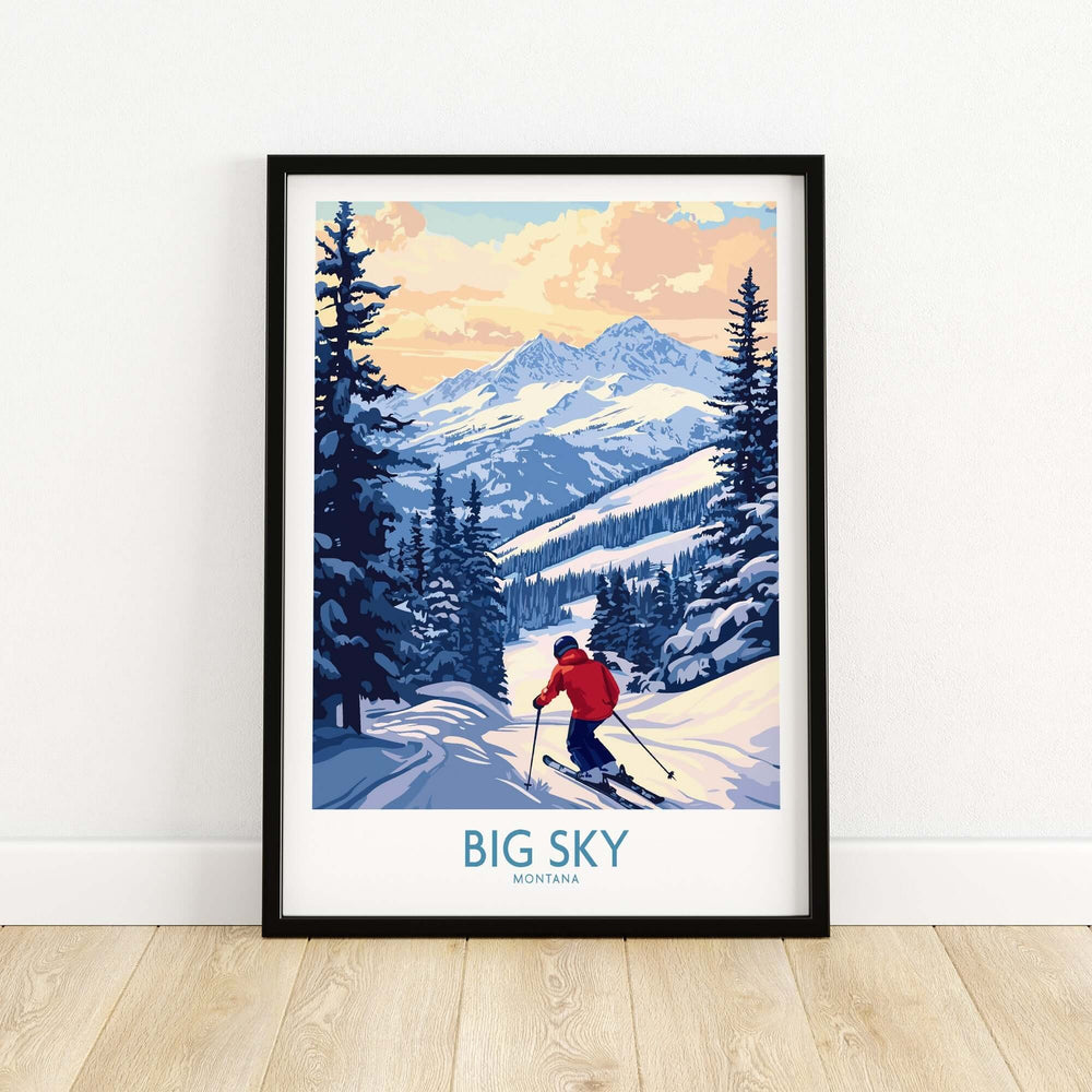 Vintage Big Sky Montana ski resort print, featuring skier on snowy slopes with Rocky Mountains backdrop.