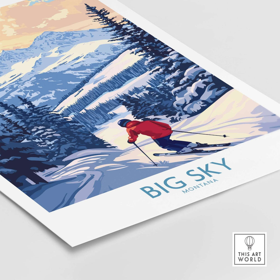 Big Sky Montana print featuring a skier on slopes with beautiful mountain backdrop and snowy forest scenery.