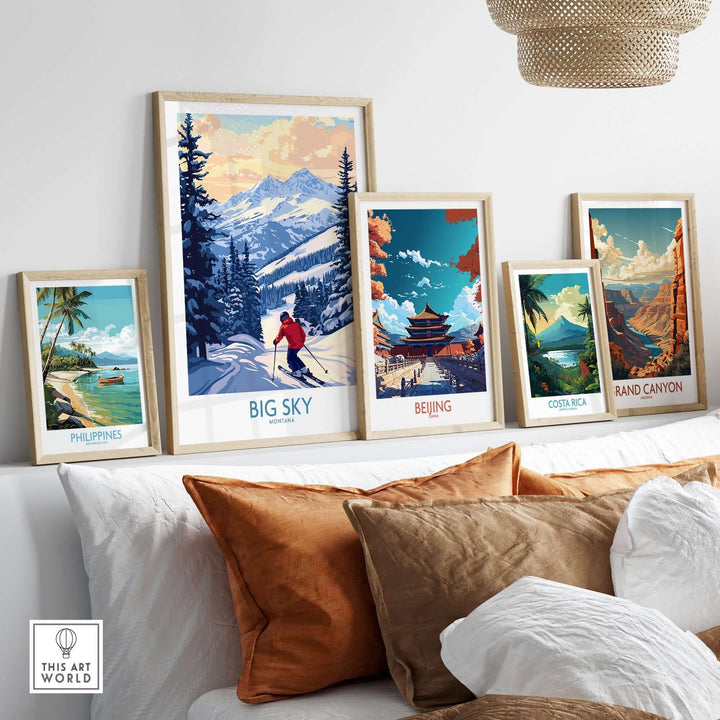 Framed travel prints featuring Big Sky Ski Resort and scenic destinations like Philippines, Beijing, Costa Rica, and Grand Canyon.