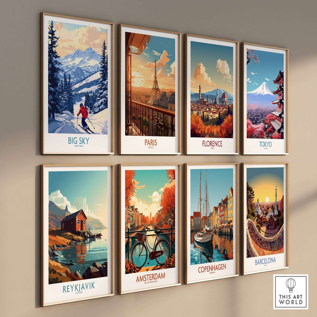 Colorful art prints of global destinations including Big Sky, Paris, Florence, Tokyo, Reykjavik, Amsterdam, Copenhagen, and Barcelona.