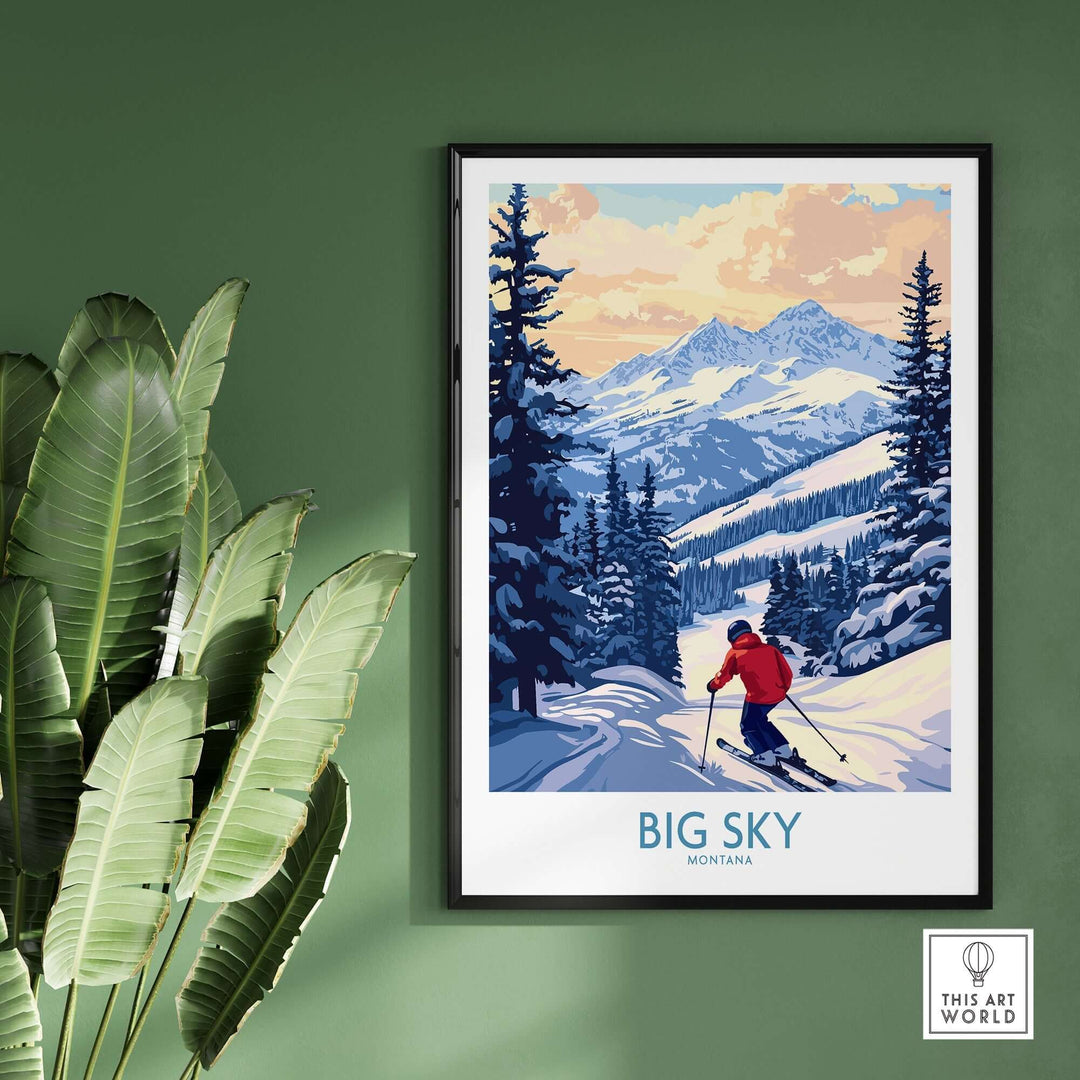 Big Sky Montana print featuring a skier in snowy mountains, capturing the thrill of skiing and stunning Rocky Mountain views.