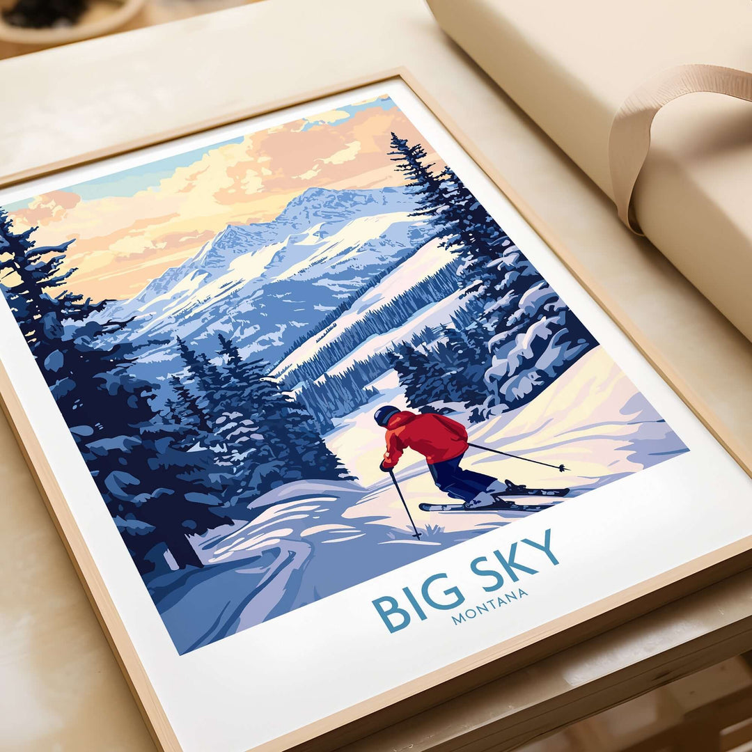 Big Sky Montana print showcasing a skier on snowy slopes with mountains and a sunset backdrop. Perfect for ski enthusiasts.