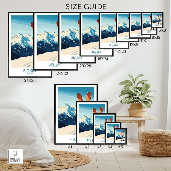 Size guide for Big Sky Montana poster showcasing various frame sizes in a cozy room setting.