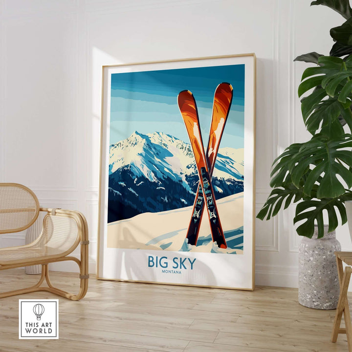 Big Sky Montana poster featuring ski poles against a stunning mountain backdrop, ideal for adventure lovers.