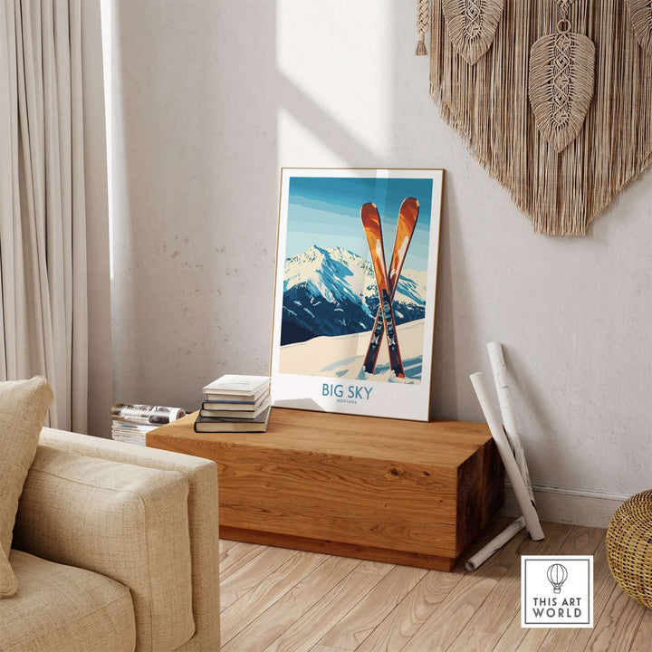 Big Sky poster featuring skis and mountain scenery in a cozy living room setting, capturing Montana's breathtaking beauty.