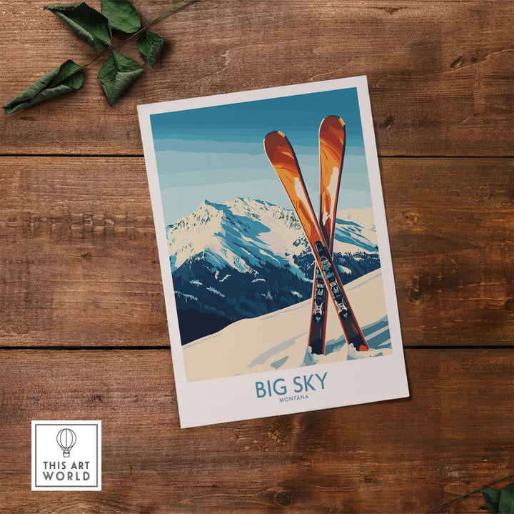 Big Sky Montana poster featuring vintage skis against a stunning mountain backdrop, perfect for ski enthusiasts and home decor.