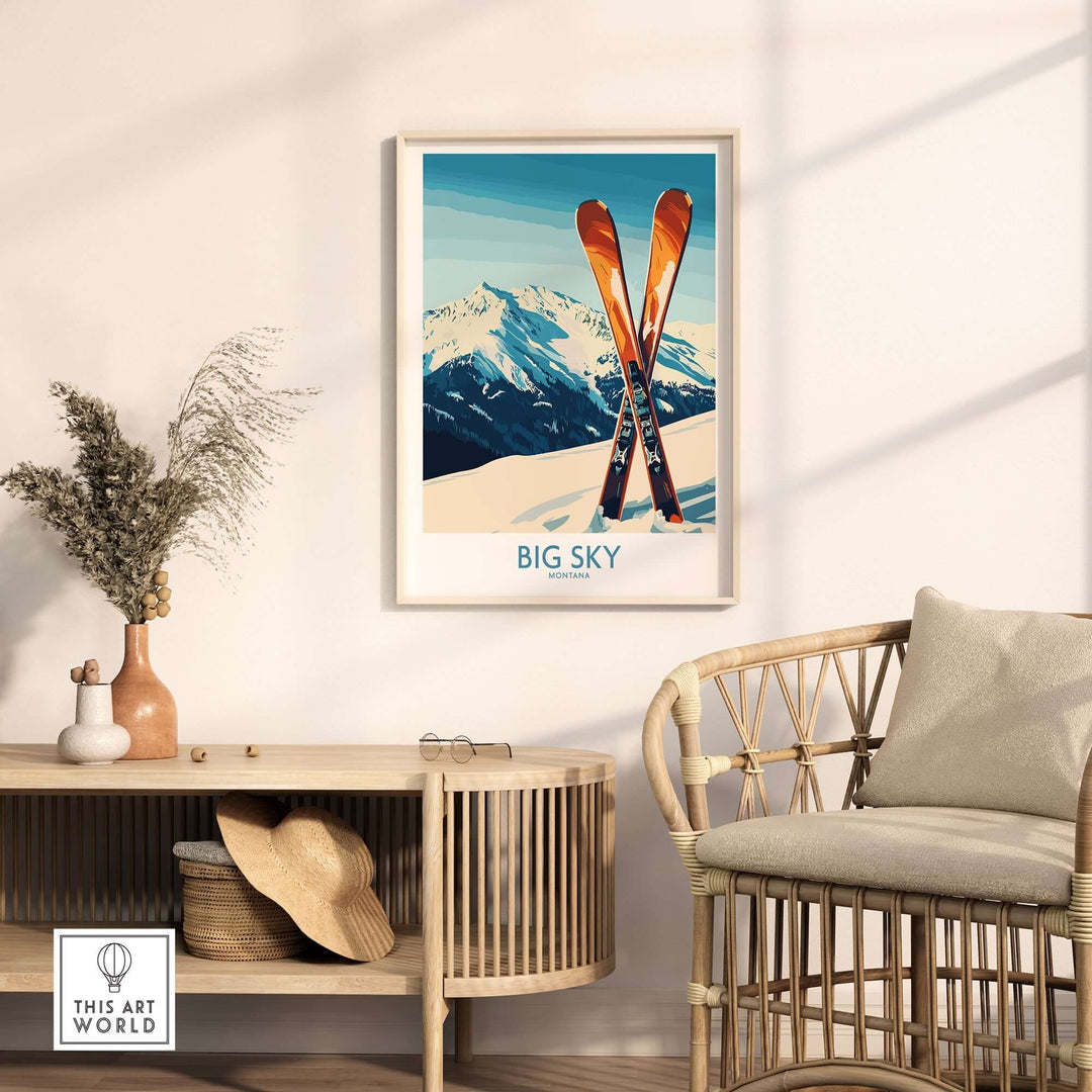 Big Sky poster featuring skiing in Montana, beautifully displayed in a modern living room setting.