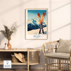 Big Sky poster featuring skiing in Montana, beautifully displayed in a modern living room setting.