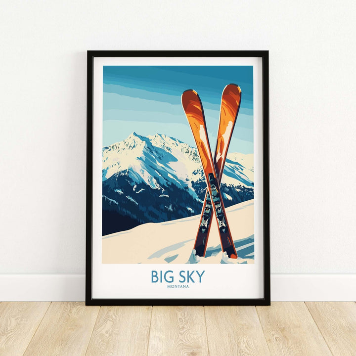 Big Sky Montana poster featuring ski equipment set against a snowy mountain backdrop, perfect for ski enthusiasts.