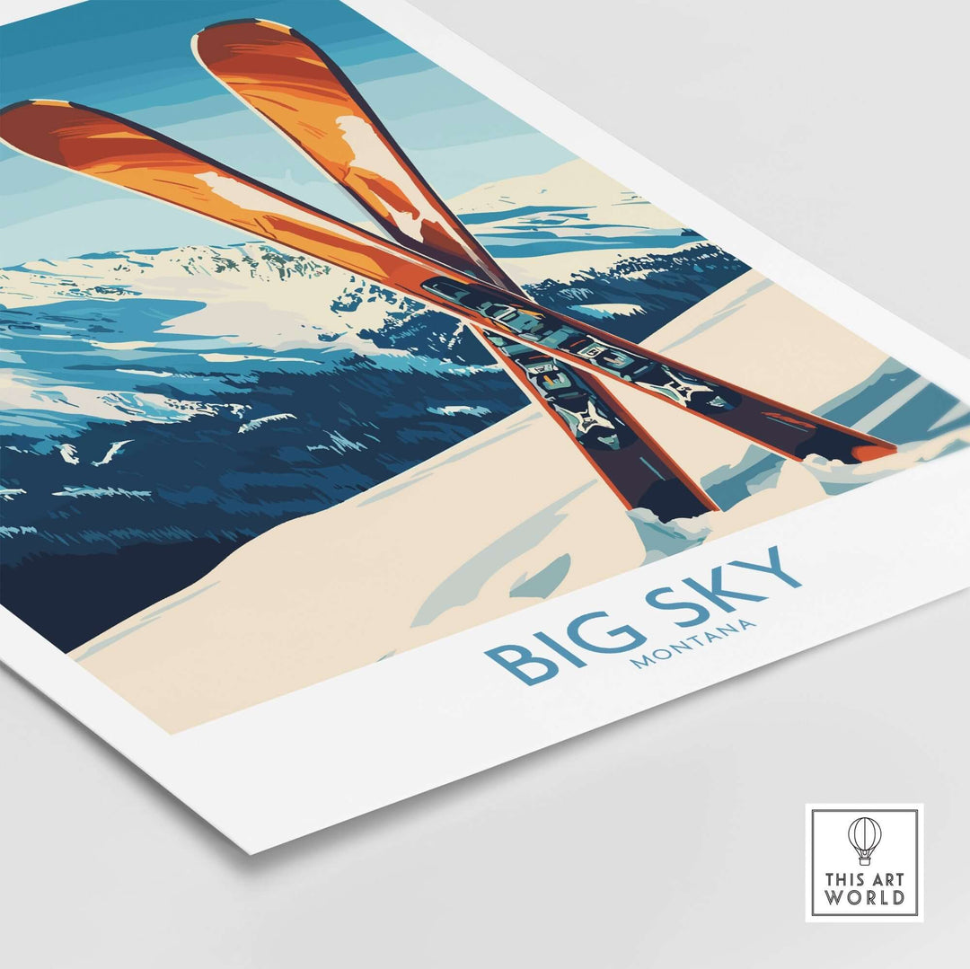 Big Sky poster featuring vintage skis against a stunning Montana landscape, perfect for ski enthusiasts and adventure lovers.