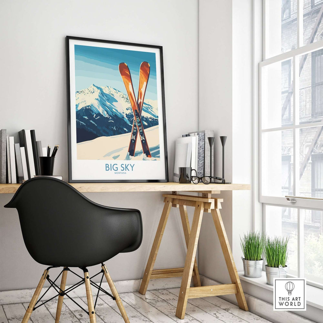 Big Sky poster featuring ski equipment, displayed in a stylish home office setting with a modern chair and natural light.