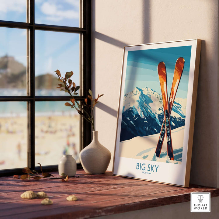 Big Sky Poster showcasing ski equipment against a serene window view, capturing the beauty of Montana's winter landscape.