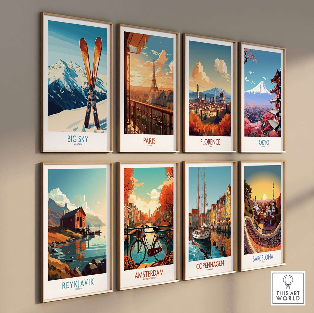 Colorful travel posters featuring Big Sky, Paris, Florence, Tokyo, Reykjavik, Amsterdam, Copenhagen, and Barcelona.