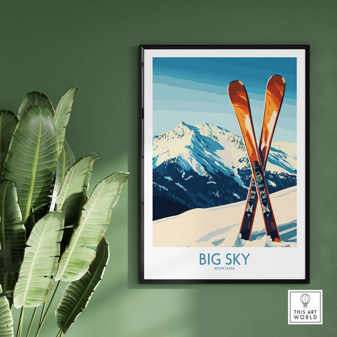 Big Sky poster featuring skiis and mountains, capturing Montana's stunning beauty and adventure spirit.