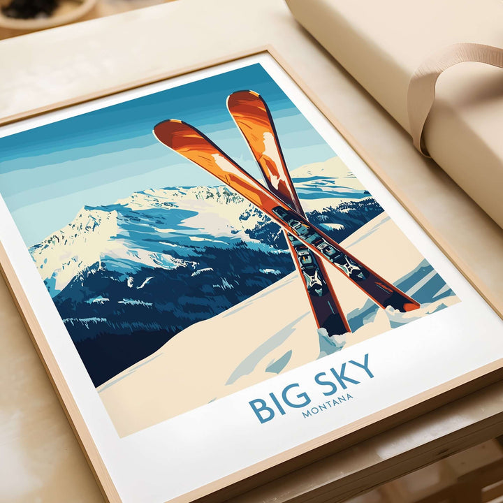 Big Sky Montana poster featuring skis and snowy mountains, perfect for ski enthusiasts and adventure lovers.