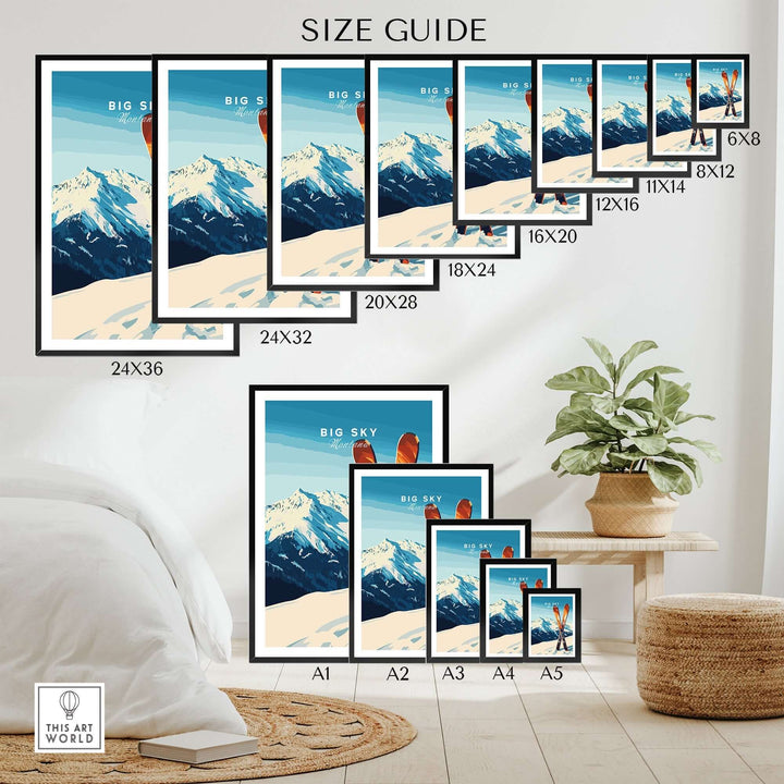 Size guide for Big Sky Print Montana ski poster with various frame sizes displayed in a stylish home setting.