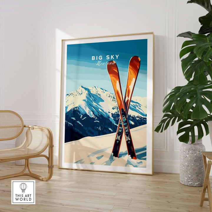 Big Sky Print Montana ski poster featuring orange skis against a majestic mountain backdrop in a stylish home setting.