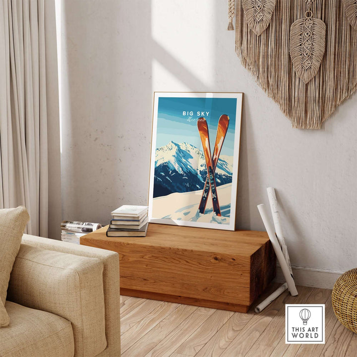 Big Sky Print Montana ski poster displayed in a cozy living room setting, featuring vibrant ski slopes and mountain scenery.