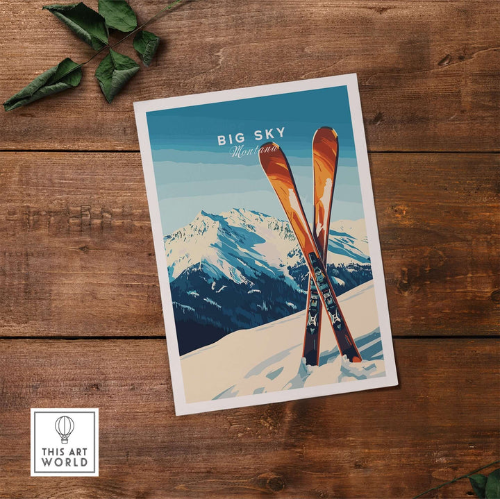 Big Sky Print Montana ski poster with vibrant skis against a snowy mountain backdrop, perfect for home decor.