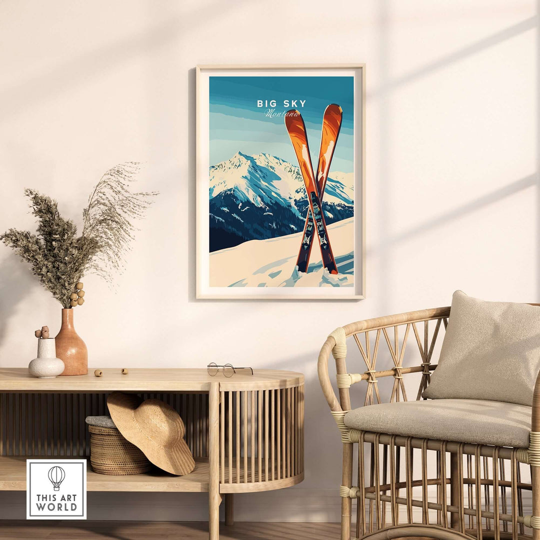 Big Sky Montana ski poster art displayed in a cozy living room with skis and mountain scenery.