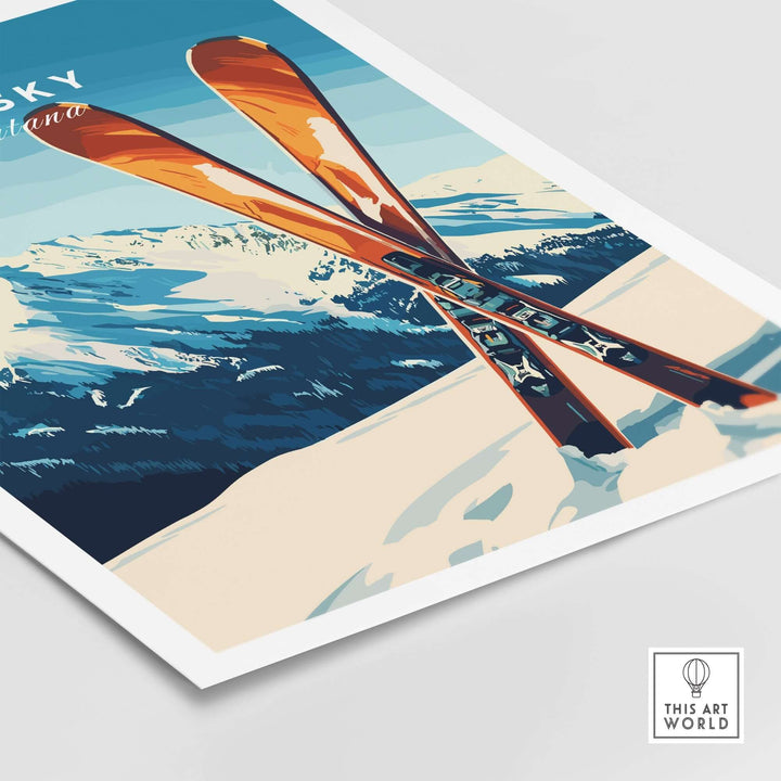 Big Sky Print Montana ski poster featuring classic skis against a stunning mountain landscape. Perfect for home decor.