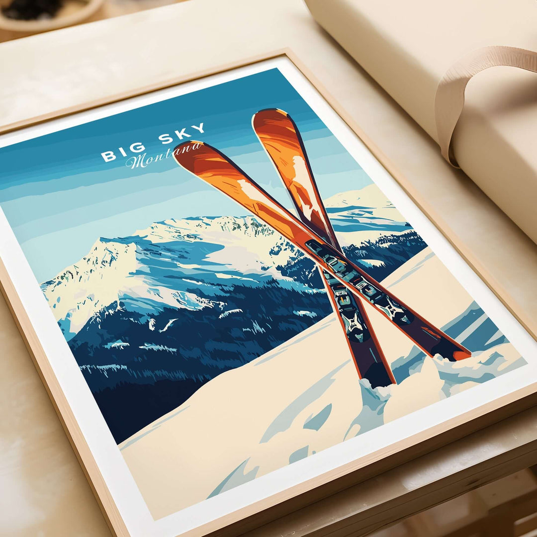 Big Sky Print Montana ski poster featuring vibrant skis set against a stunning mountain landscape. Perfect for home decor!