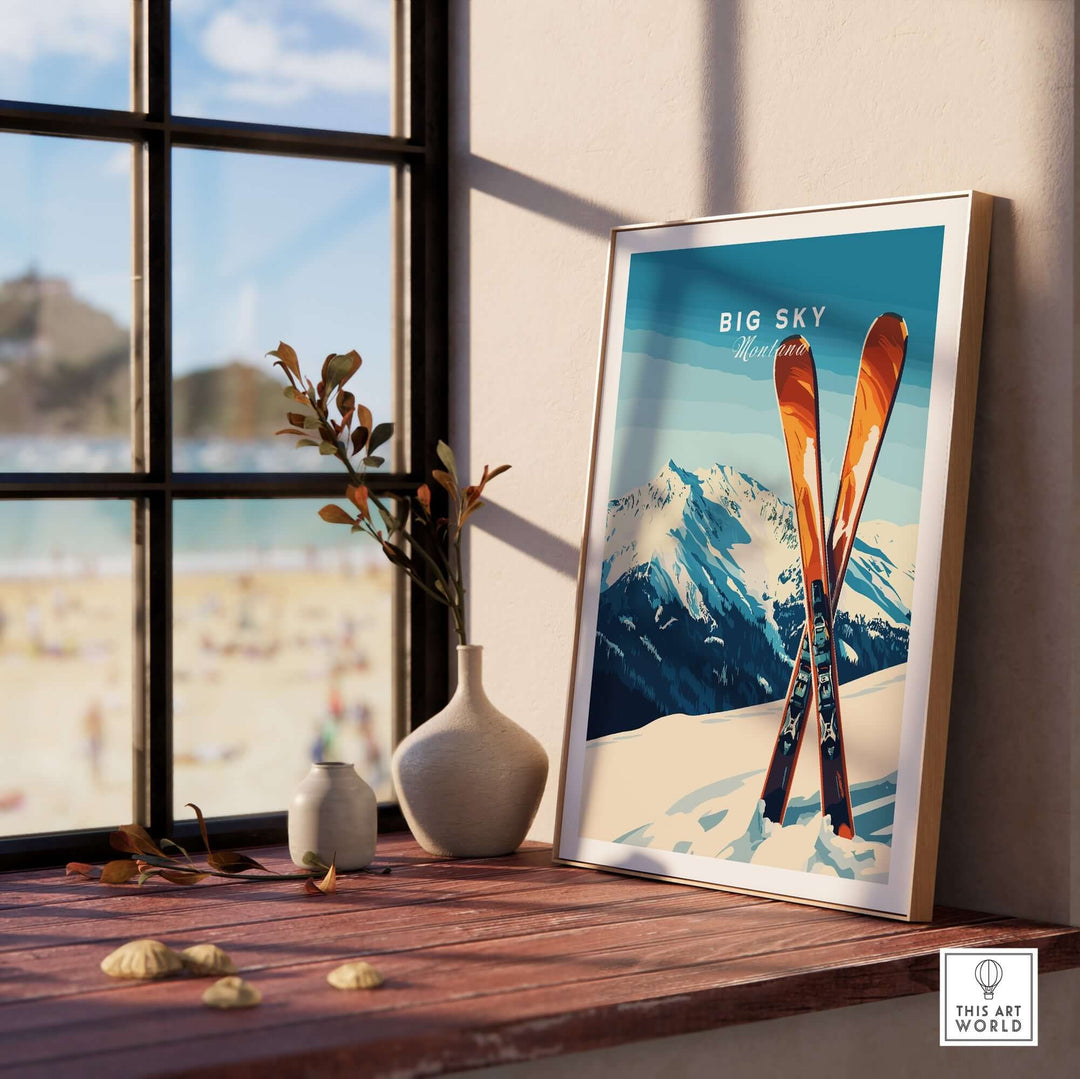 Big Sky Print Montana ski poster displayed indoors with a scenic mountain backdrop and stylish decor elements.