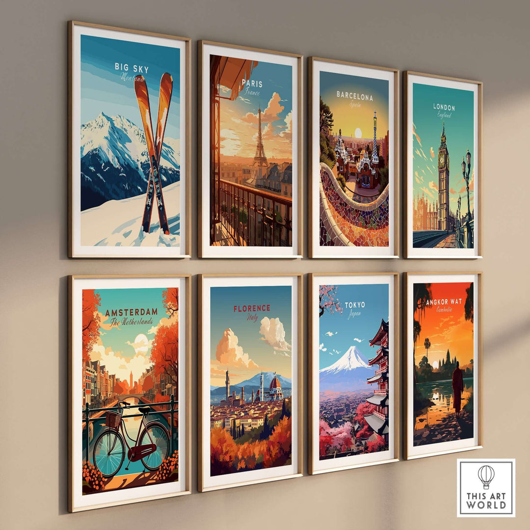 Colorful travel posters featuring Big Sky, Paris, Barcelona, London, Amsterdam, Florence, Tokyo, and Angkor Wat on a stylish wall.