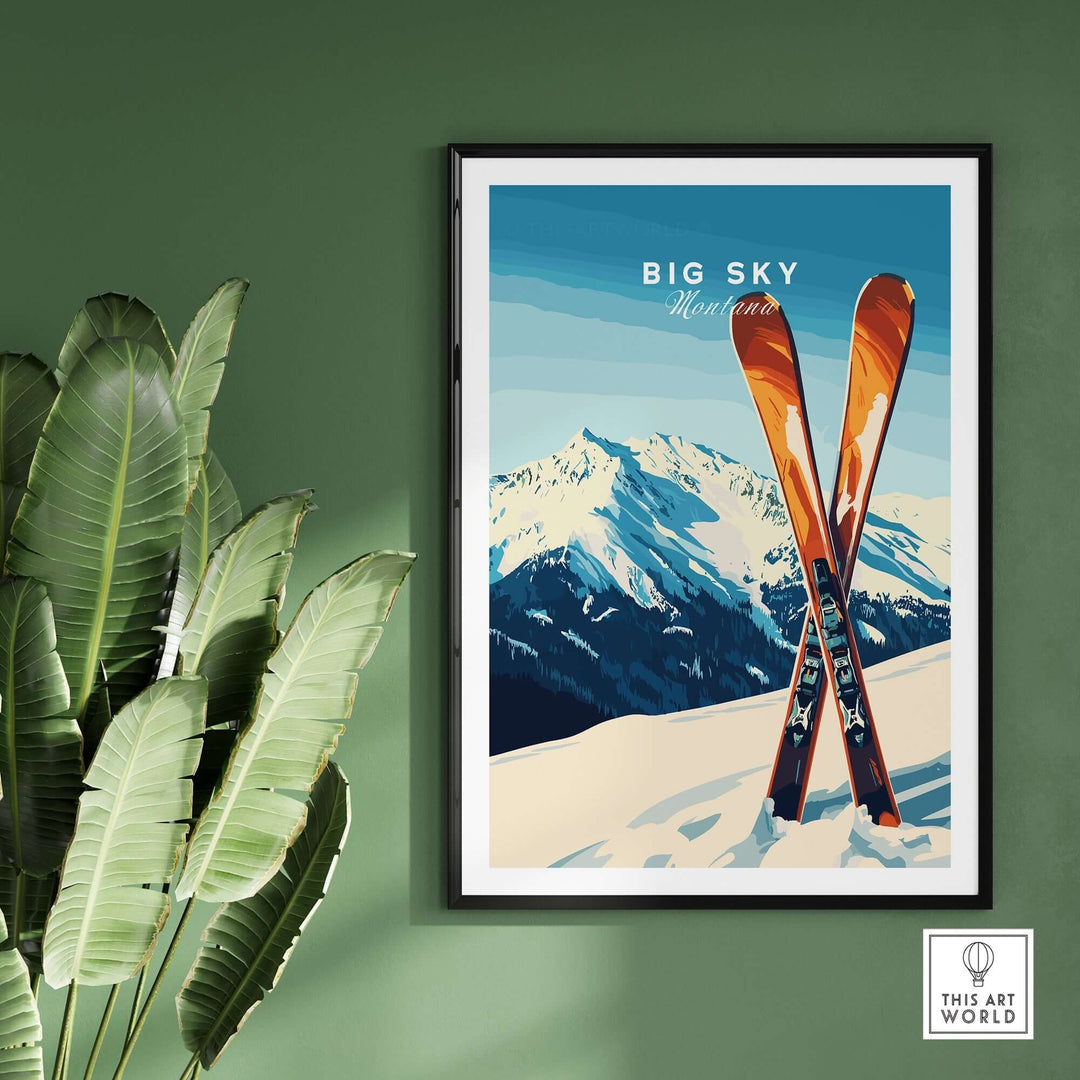 Vintage Big Sky Montana ski poster with skis against a mountain backdrop, perfect for home decor.