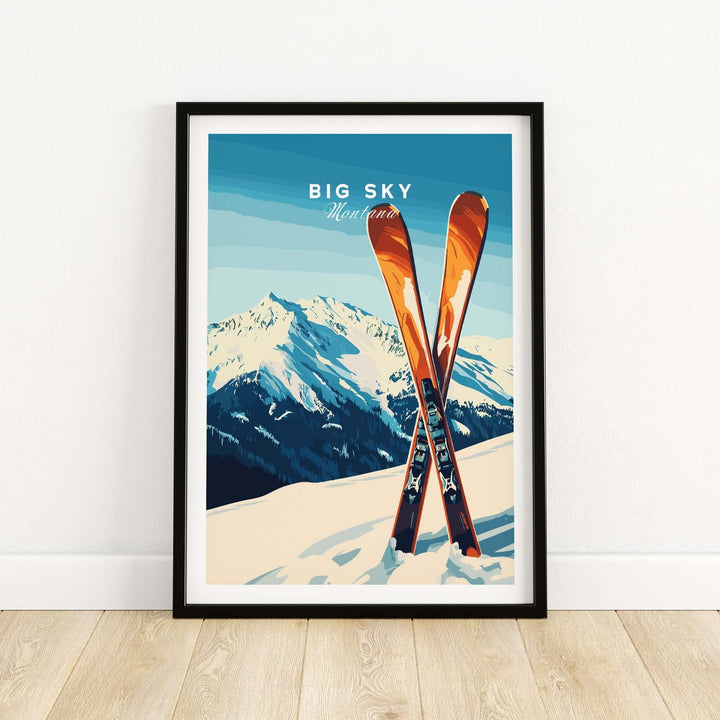 Big Sky Print Montana ski poster featuring colorful skis against a snowy mountain backdrop, ideal for home decor.