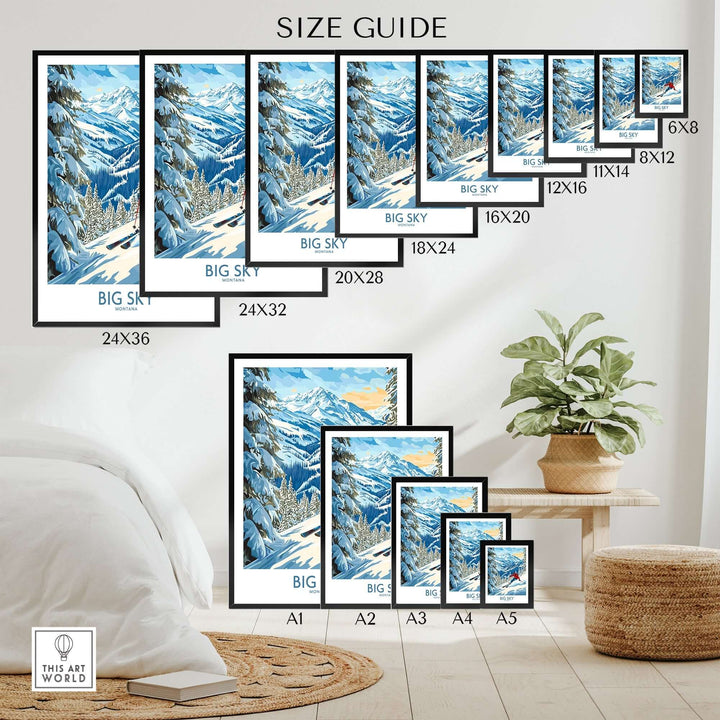 Size guide for Big Sky Ski Poster showcasing various frame sizes in a stylish room with mountain decor.