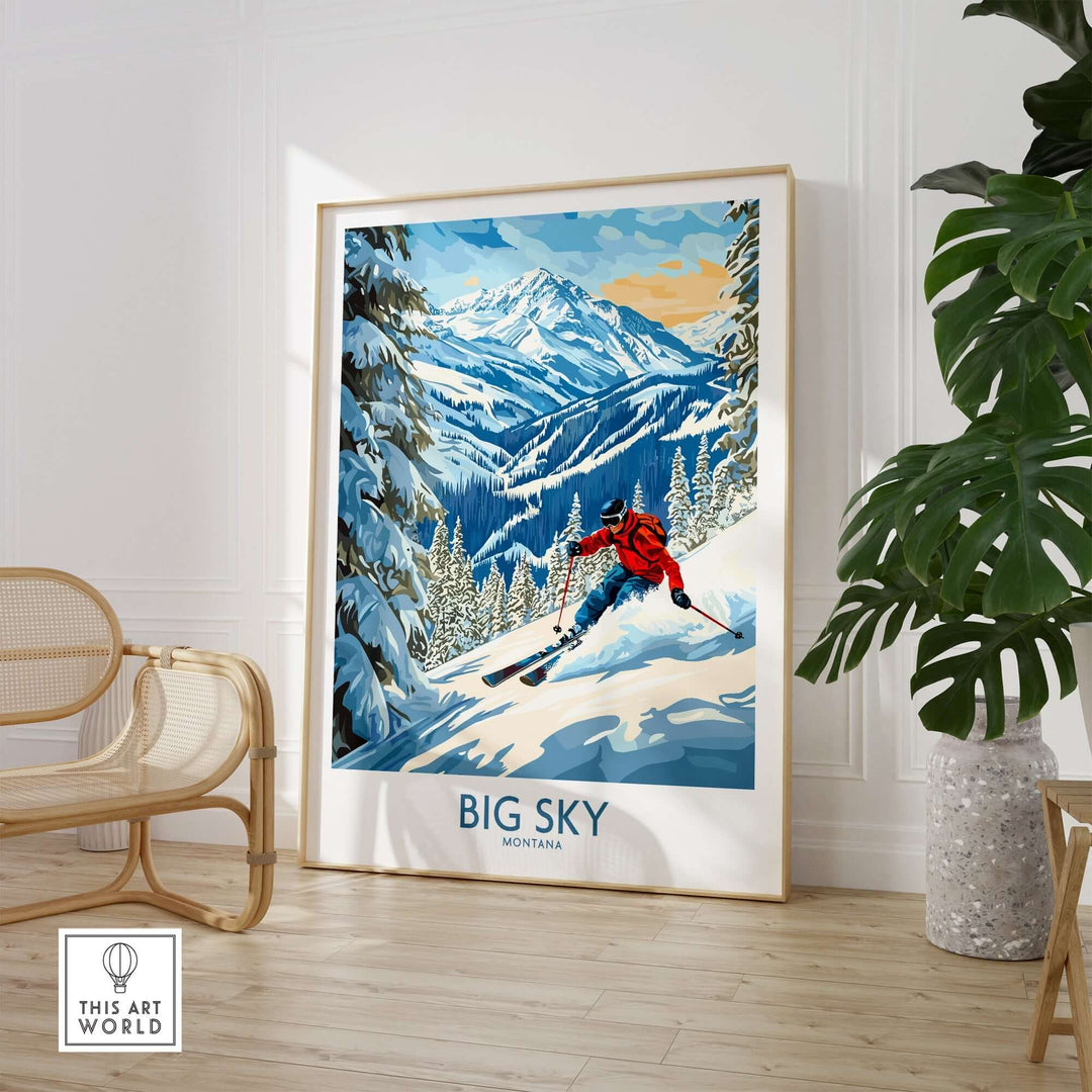 Big Sky Ski Poster showcasing a skier on snow-covered slopes with mountains in the background, perfect for ski enthusiasts.