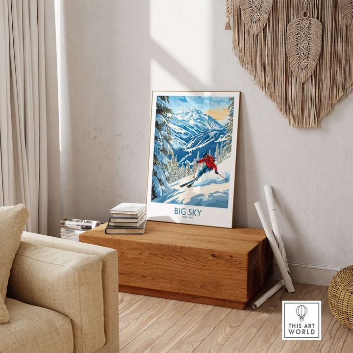 Big Sky Ski Poster displayed in a cozy living room, showcasing stunning mountain scenery and a skier in action.