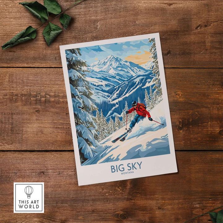 Big Sky Ski Poster featuring a skier navigating snowy slopes with majestic mountains in the background, perfect for decor.