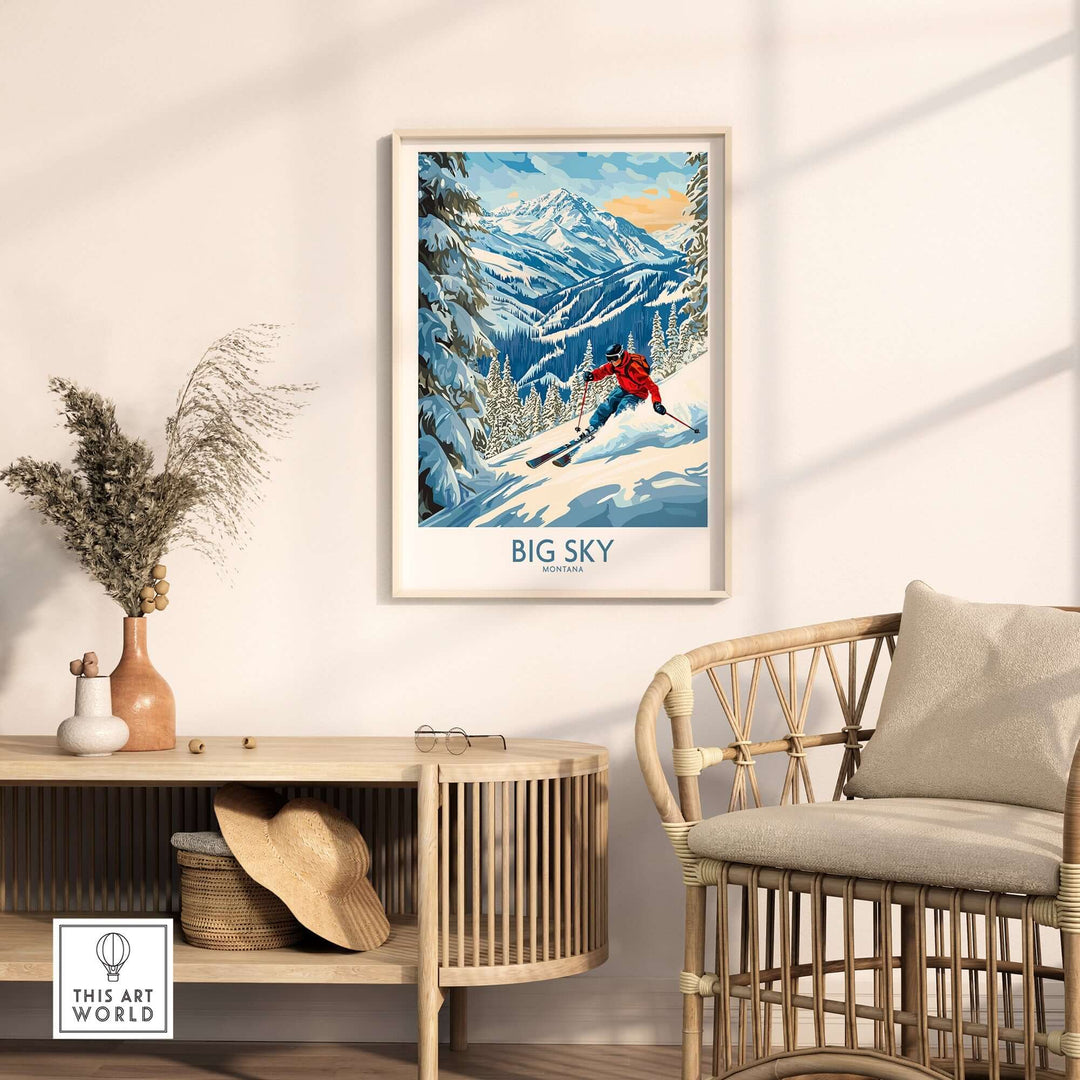 Big Sky ski poster displayed in a stylish living room with mountains and a skier, perfect for home decor and ski enthusiasts.